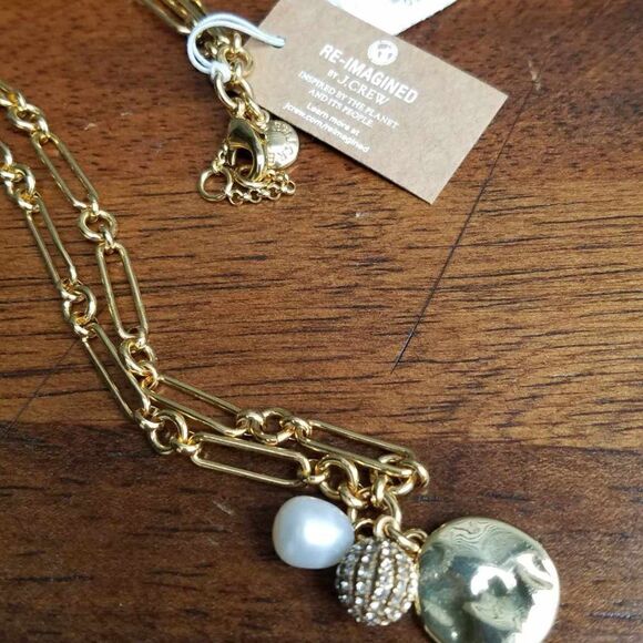 NWT J Crew Paper Clip Chain Charm Necklace Freshwater Pearl Pave Crystal Ball - Picture 4 of 11